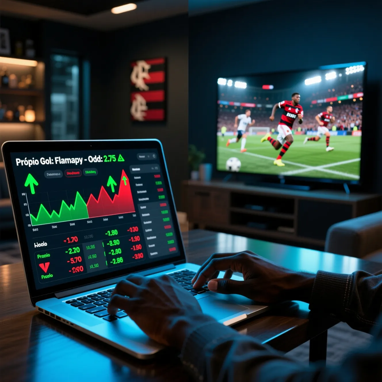Ecra dividido a mostrar jogo de futebol ao vivo e odds a mudar em tempo real