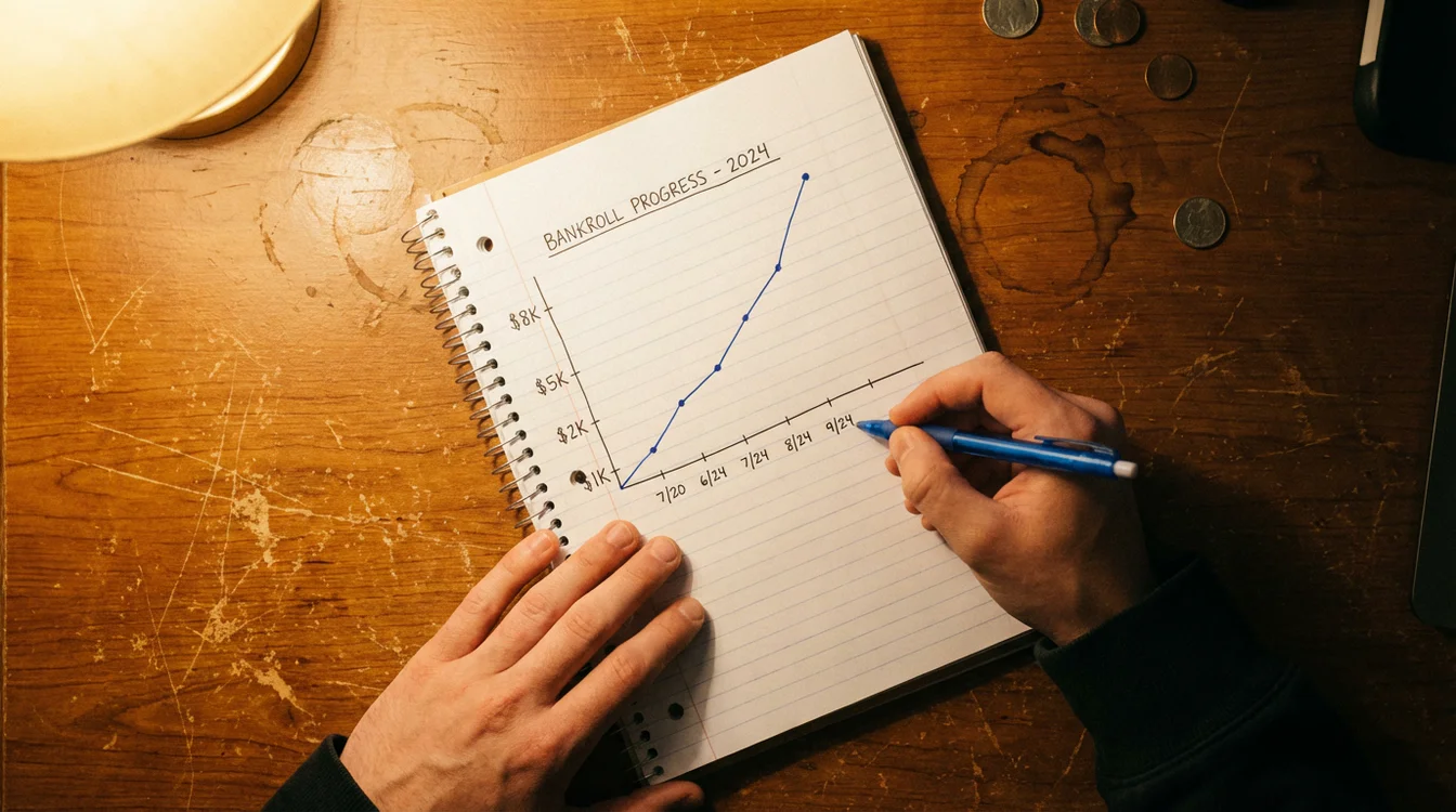 Pessoa a registar evolução da banca num caderno com gráfico de progresso