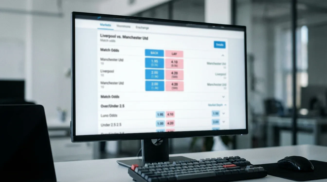 Interface de exchange de apostas mostrando odds de back e lay