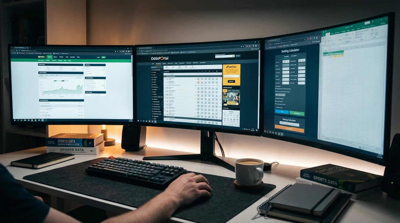 Setup de apostador com múltiplas ferramentas e recursos no ecrã