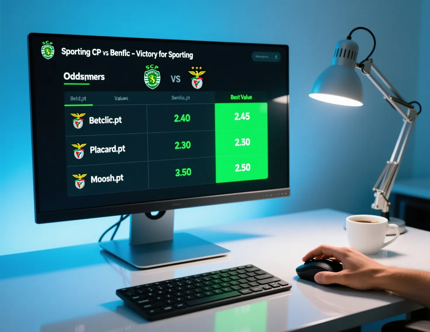 Ecra de computador mostrando comparacao de odds entre diferentes casas de apostas
