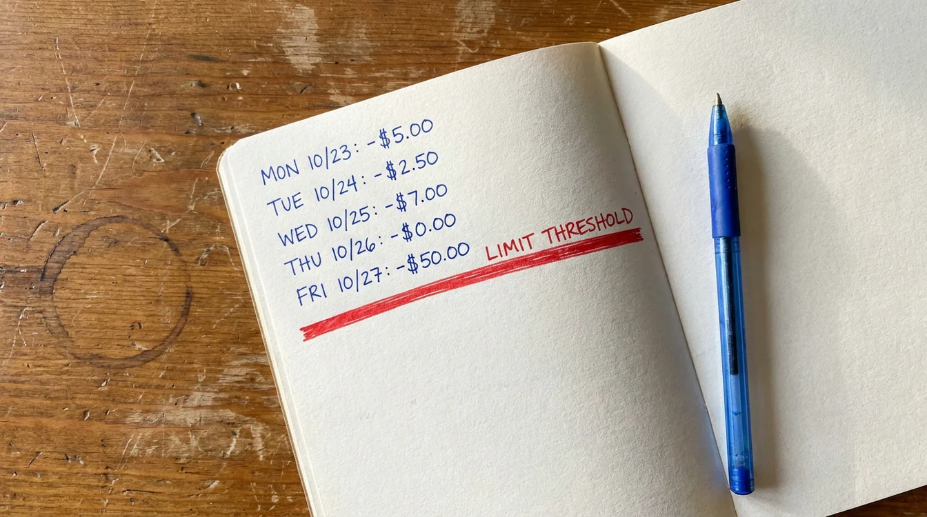 Bloco de notas com registo de perdas diárias e limite marcado