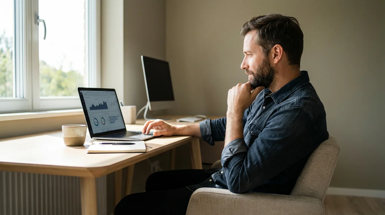 Apostador calmo e focado a analisar dados antes de fazer uma aposta
