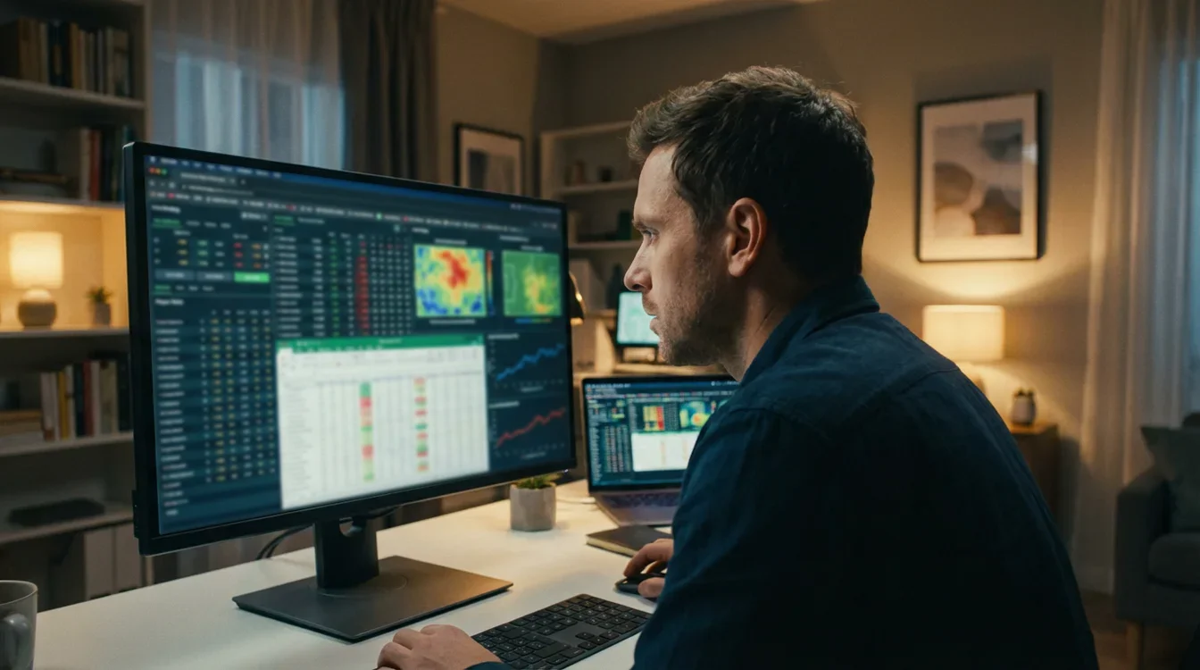Apostador a analisar estatísticas de futebol num computador