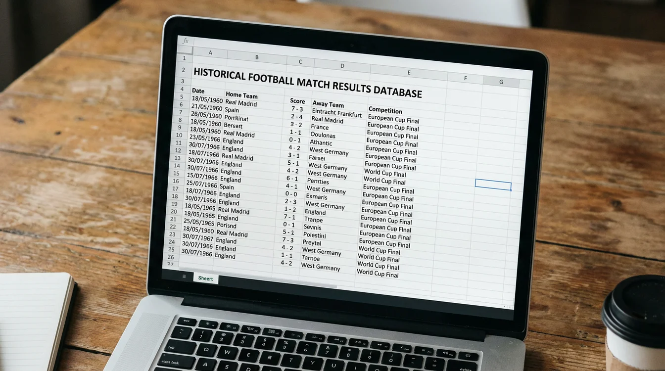 Folha de cálculo com dados históricos de resultados de futebol