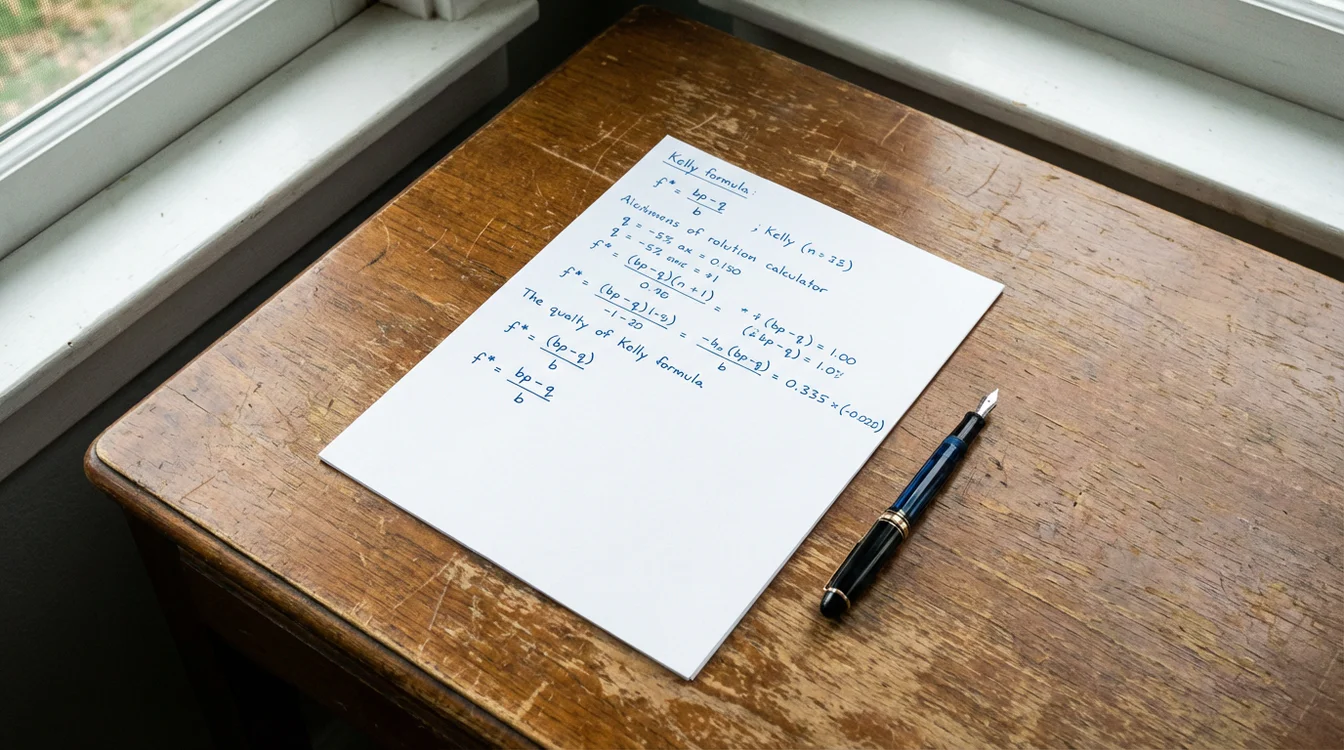 Folha de papel com cálculos matemáticos e fórmula de Kelly escrita à mão