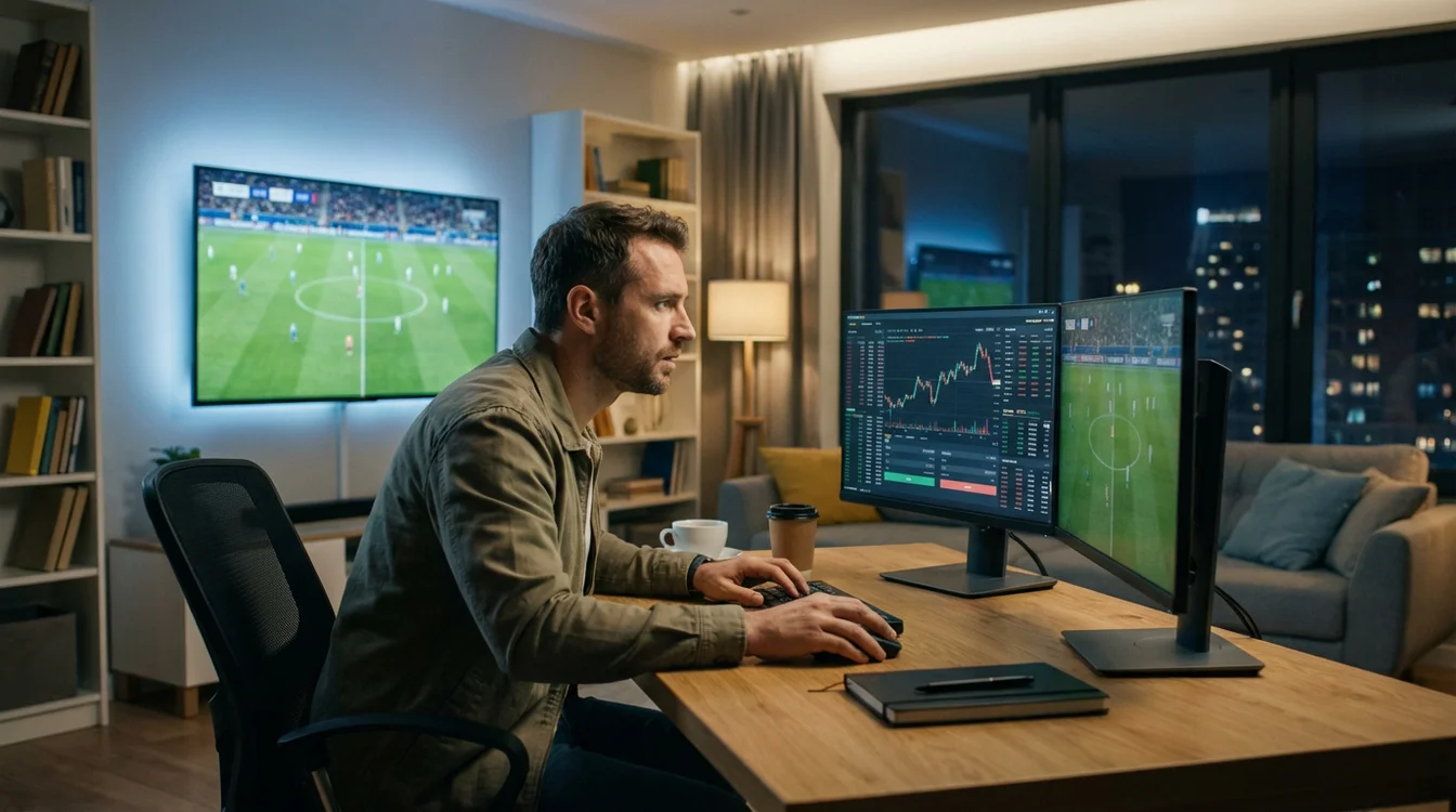 Trader a monitorizar jogo de futebol enquanto gere posição de apostas