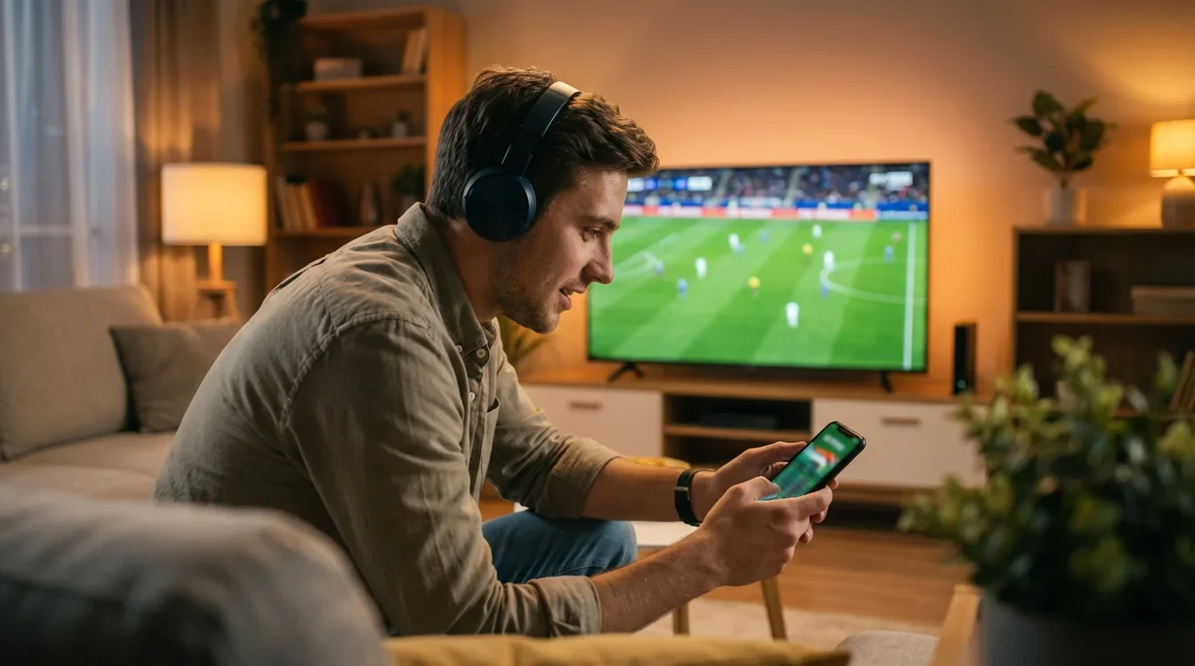 Apostador a acompanhar jogo ao vivo enquanto gere apostas no telemóvel