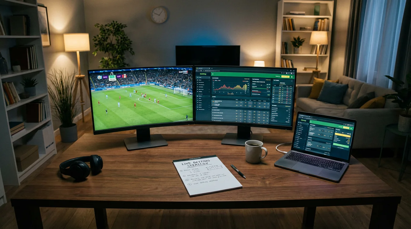 Setup de apostas ao vivo com múltiplos ecrãs mostrando jogo e estatísticas