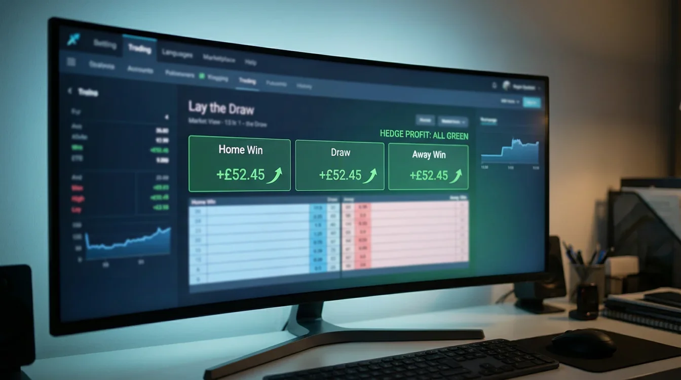 Ecrã de trading mostrando posição de lay the draw com lucro garantido