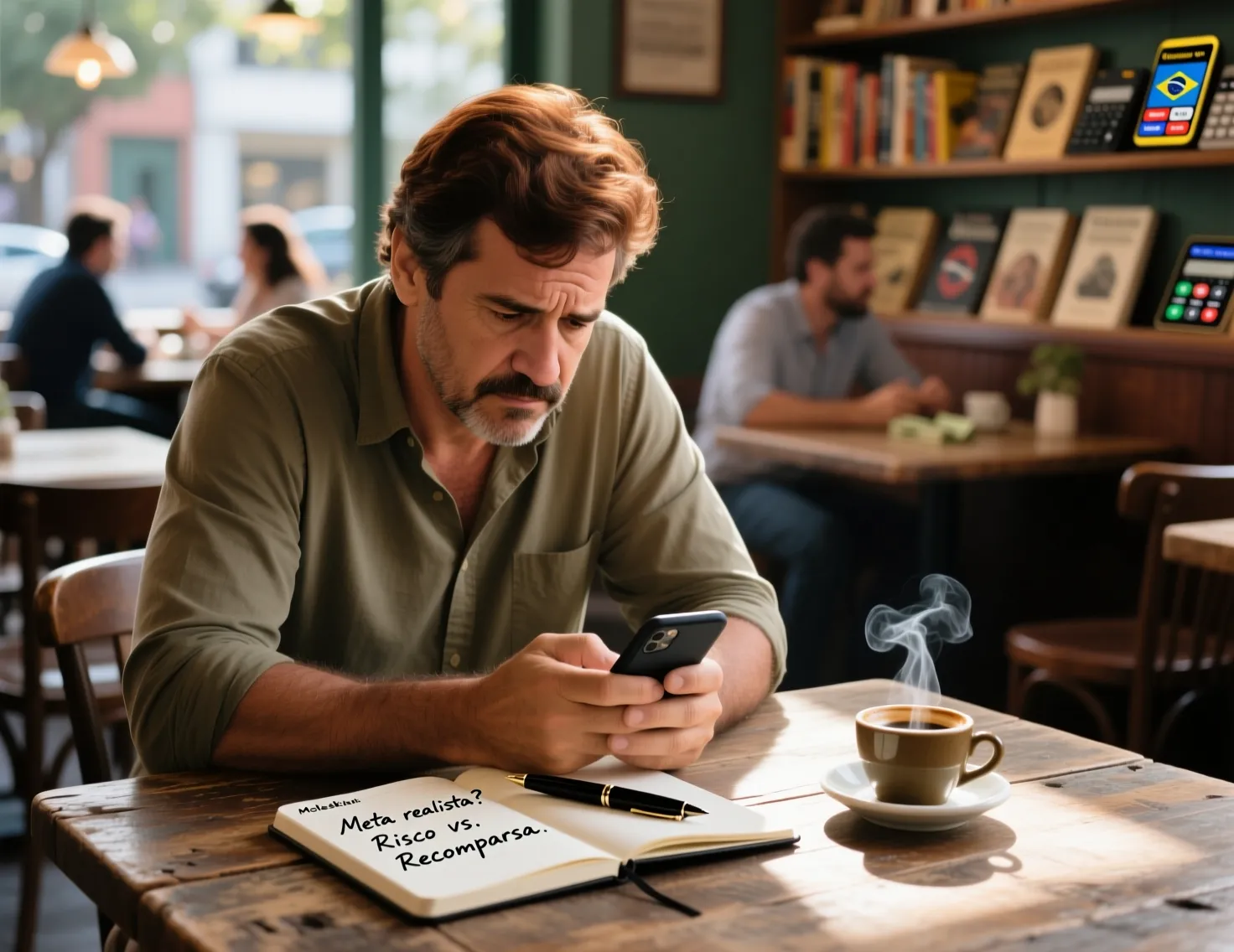 Homem pensativo num café a refletir sobre as realidades das apostas desportivas, com bloco de notas e telemóvel