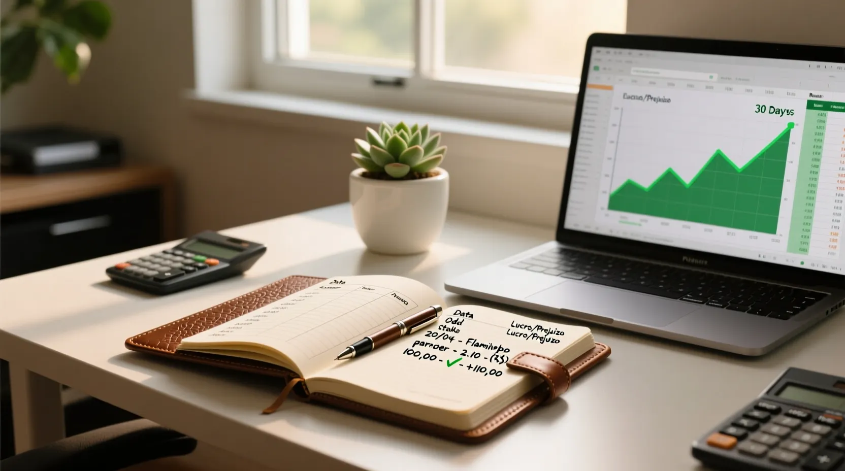 Mesa de trabalho com caderno de registos de apostas e graficos de desempenho