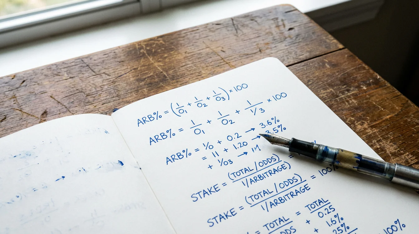 Caderno com cálculos de arbitragem e fórmulas escritas à mão
