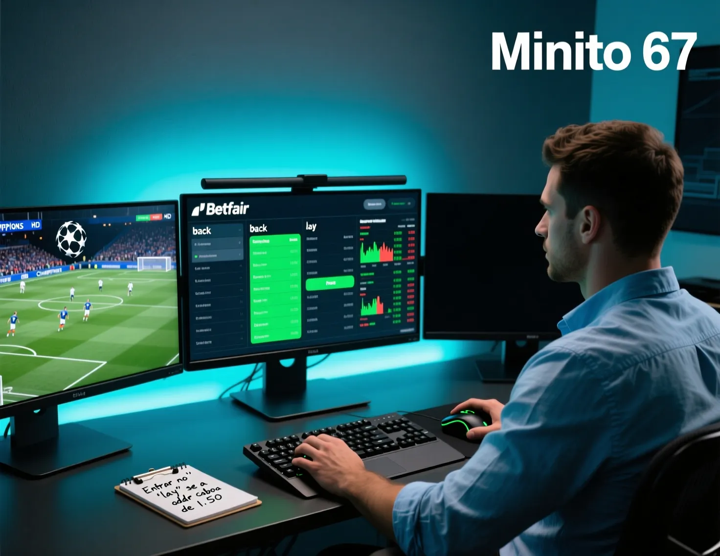 Trader a analisar movimentos de odds numa bolsa de apostas com multiplos monitores
