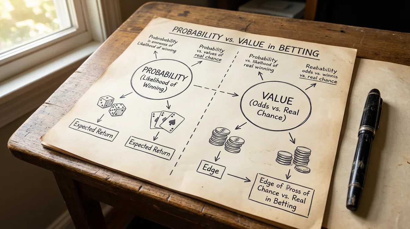 Diagrama mostrando a diferença entre probabilidade e valor nas apostas