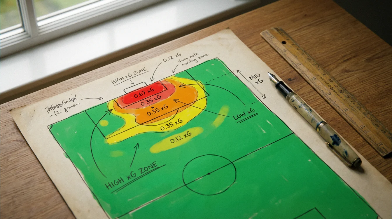 Diagrama de campo de futebol mostrando zonas de diferentes valores de xG